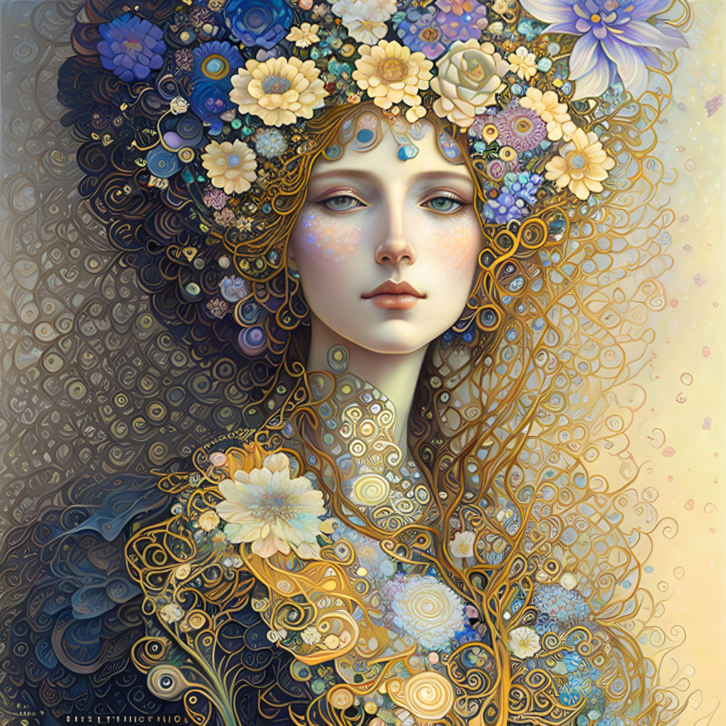 Portrait of a serene woman with floral wreath and golden hair patterns