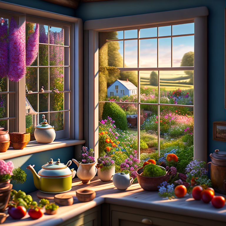 Bright kitchen scene with teacup, kettle, fruits, and flowers by window overlooking garden and countryside