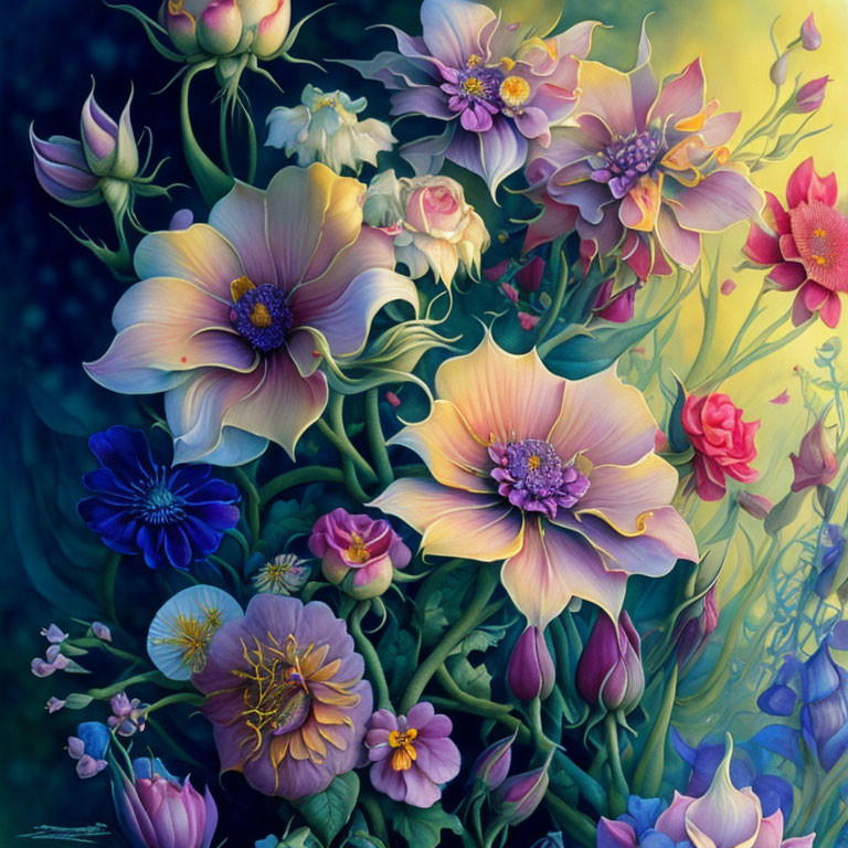 Colorful floral painting with purple and yellow blooms on dark background