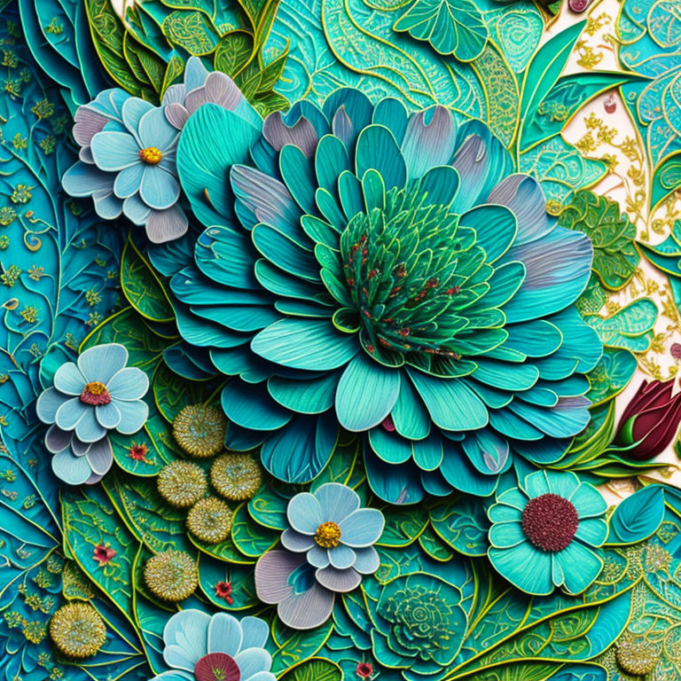 Layered blue and green papercraft flowers with intricate details