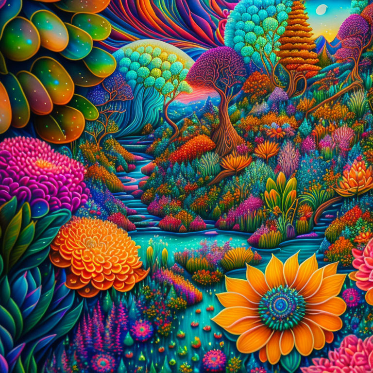 Psychedelic landscape with colorful flora and dreamlike atmosphere