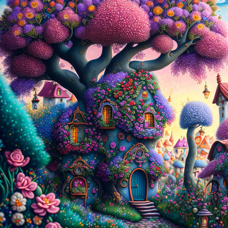 Whimsical tree with purple foliage in magical village