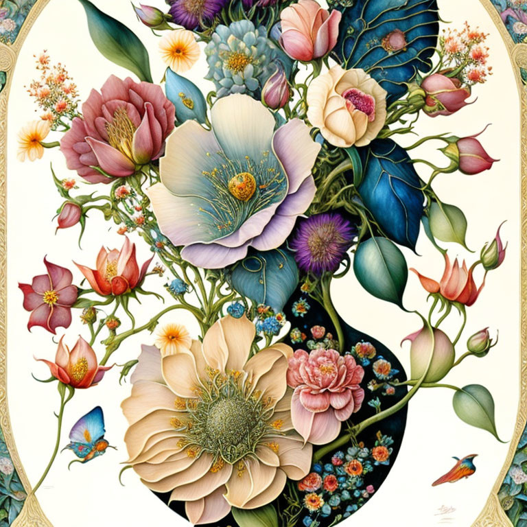 Colorful Botanical Illustration with Flowers, Butterfly, and Hummingbird