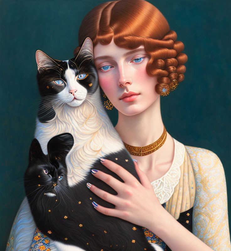 Stylized portrait of woman with intricate hairstyle holding two cats on teal background