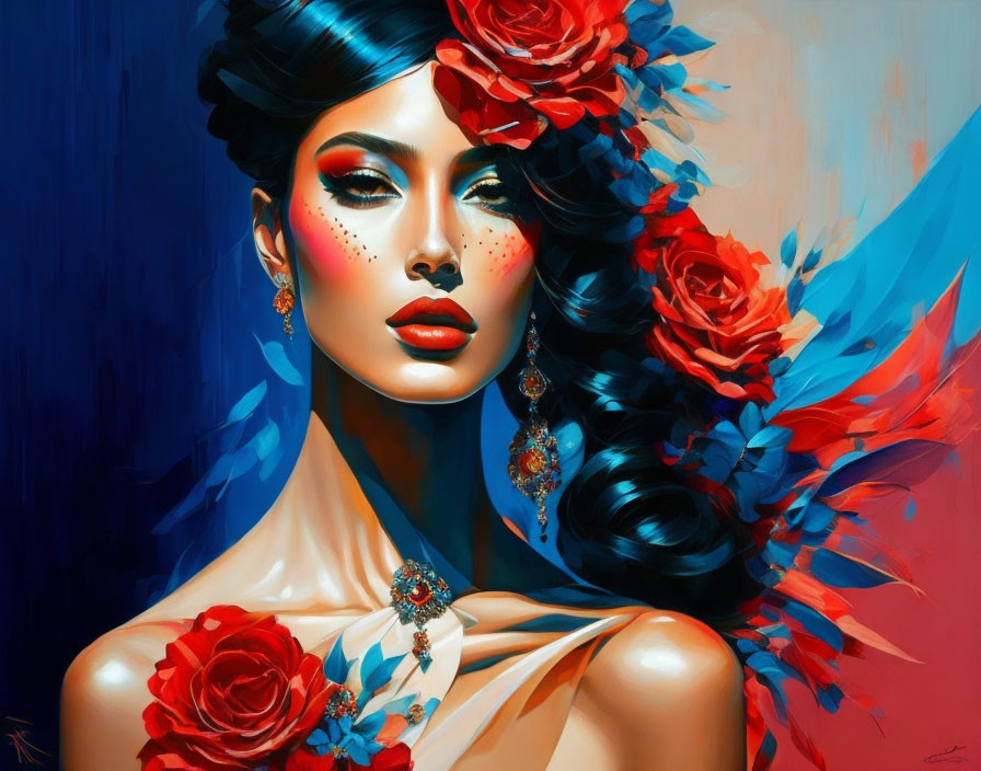 Colorful digital artwork: Woman with blue skin, red flowers in hair.