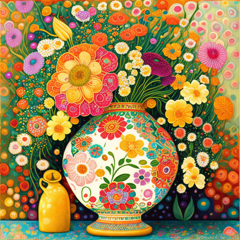 Colorful Floral Vase and Yellow Jug on Dotted Background