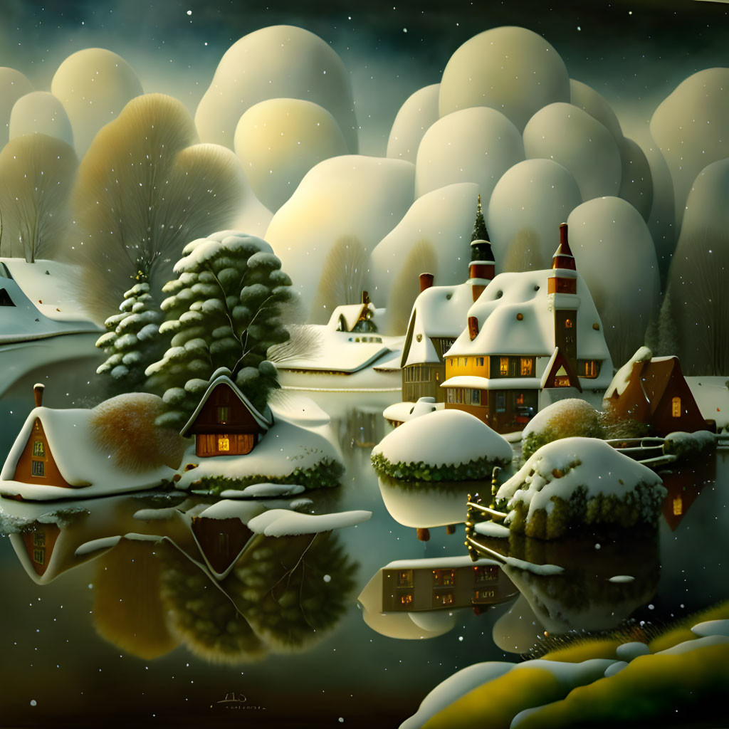 Snow-covered houses and trees reflected on a still lake in a serene winter night.