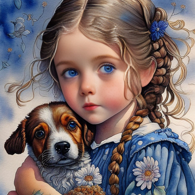 Young girl with braided brown hair hugging puppy in digital artwork