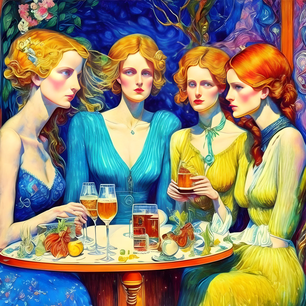 Four Women Sitting at Table with Drinks in Colorful Setting