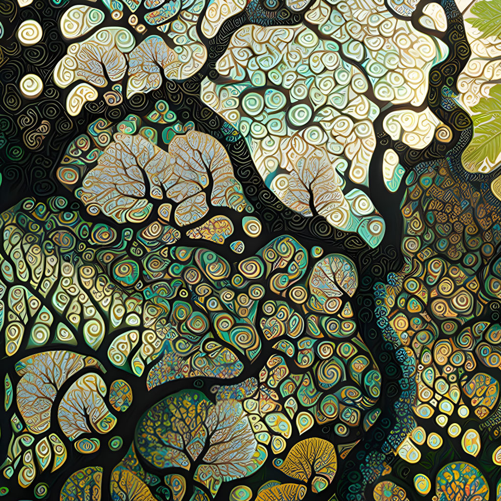 Detailed Tree-Like Pattern with Green, Yellow, and Black Spirals