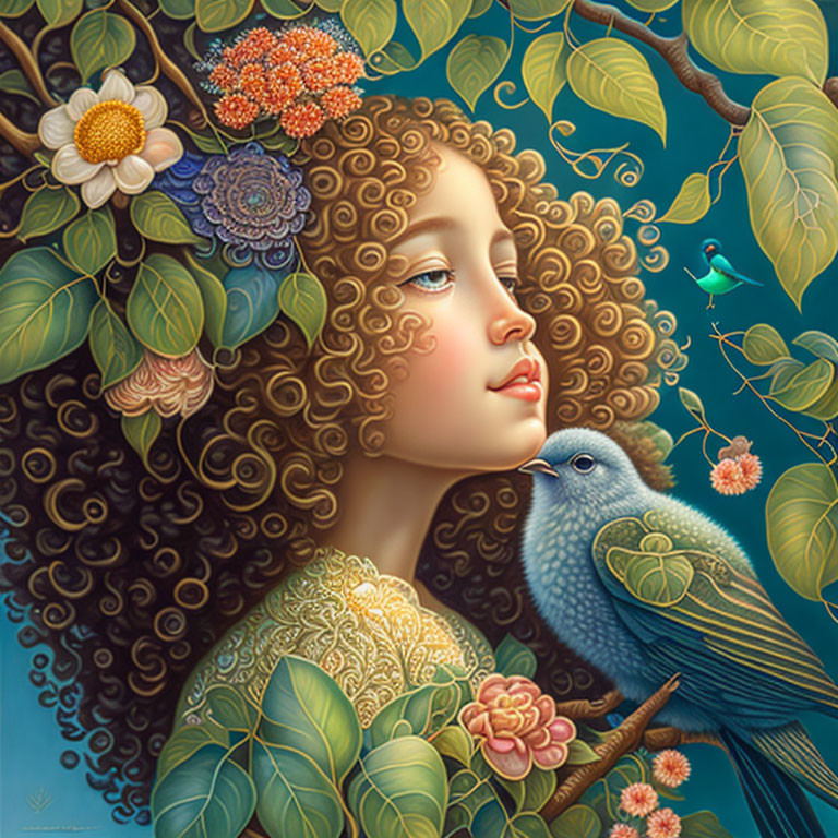 Curly-haired woman in lush foliage with colorful flowers and blue bird.