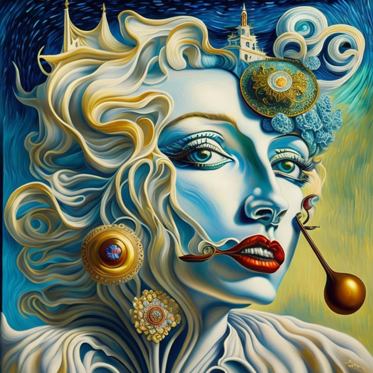 Woman portrait with architectural, clock, spoon, wavy hair, and castle elements.