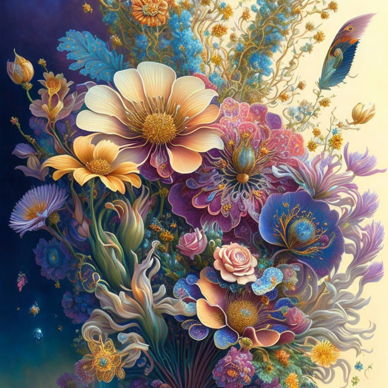 Detailed painting of vibrant flowers and colorful bird in fantasy setting