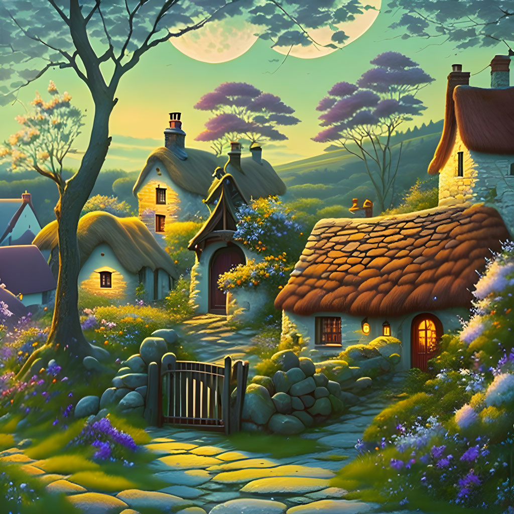 Charming Thatched Roof Cottages in Moonlit Garden