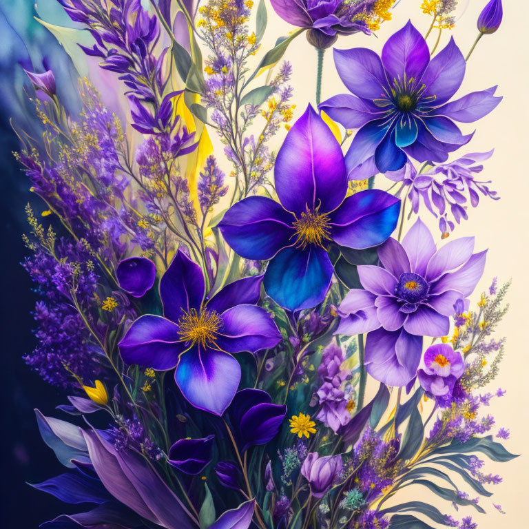 Colorful Purple and Blue Flower Bouquet with Detailed Petals and Yellow Blooms