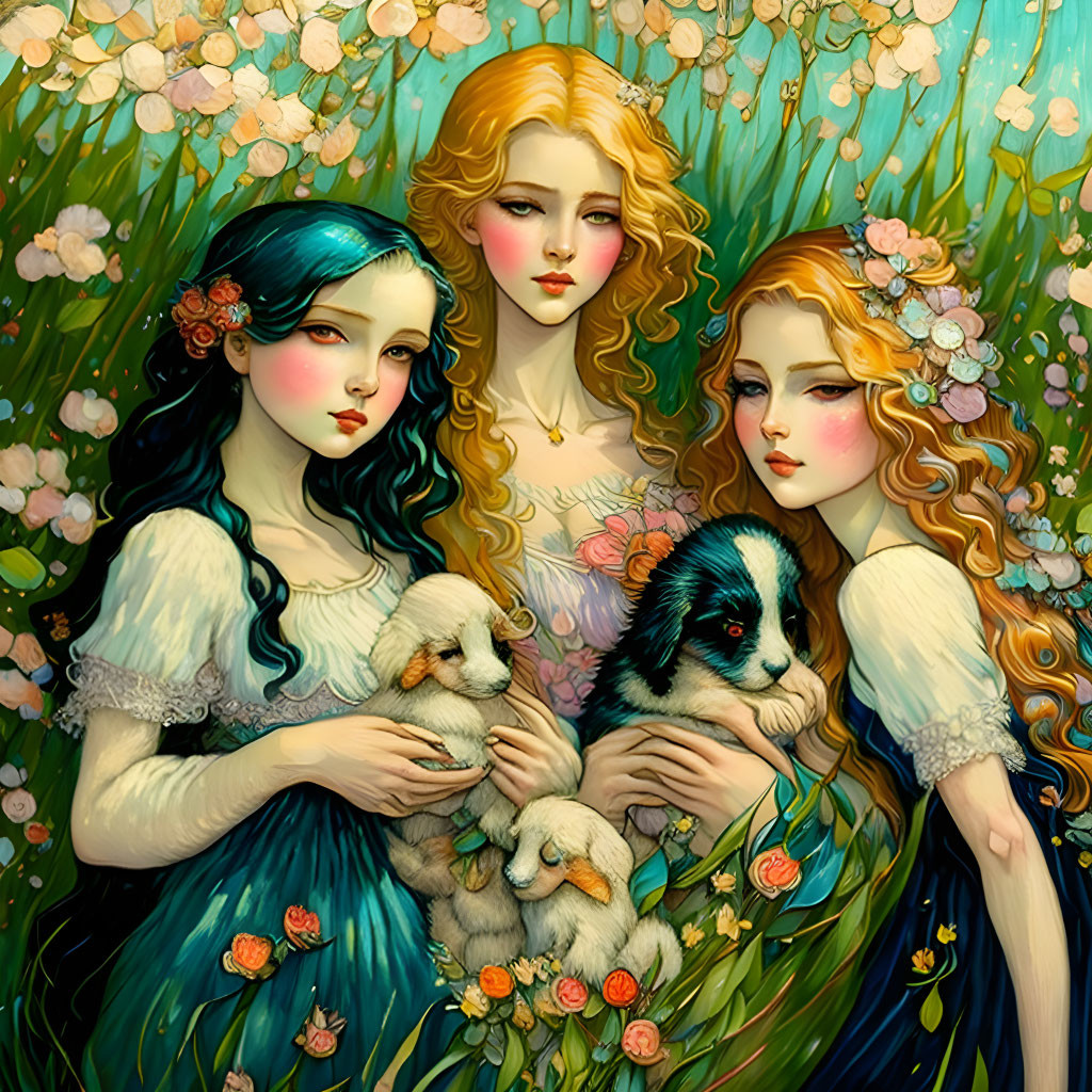 Three women in elaborate dresses holding puppies in a vibrant floral setting