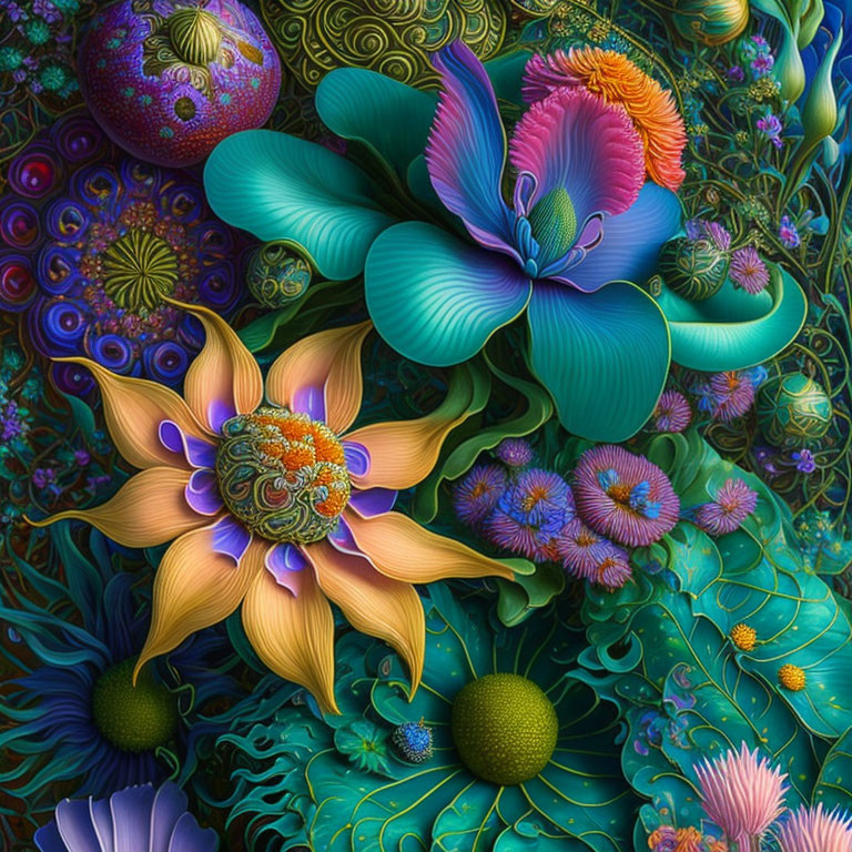 Colorful digital artwork of a fantastical garden with intricate patterns in blues, purples, and