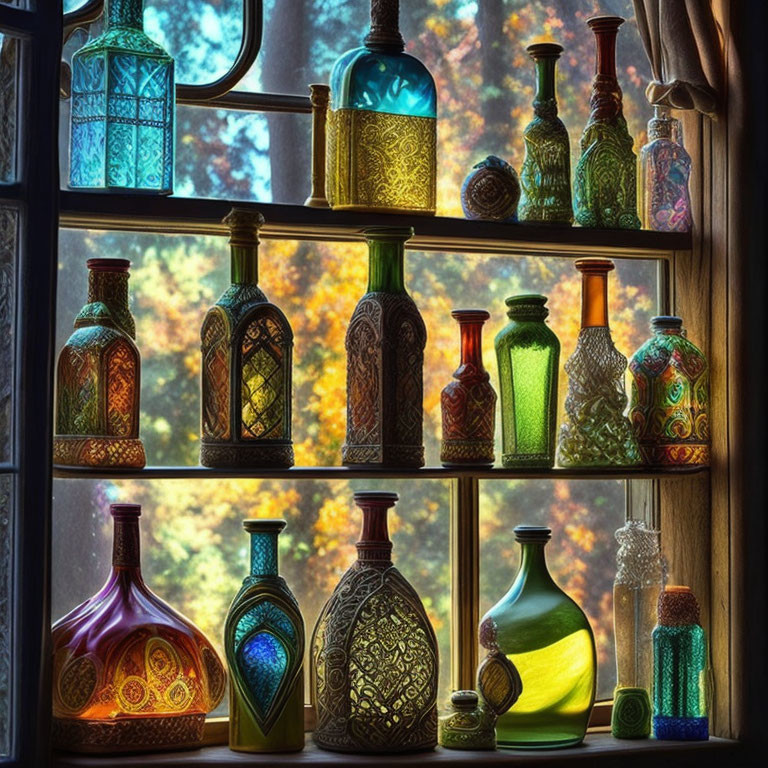 Assorted colored glass bottles on windowsill with sunlight reflections