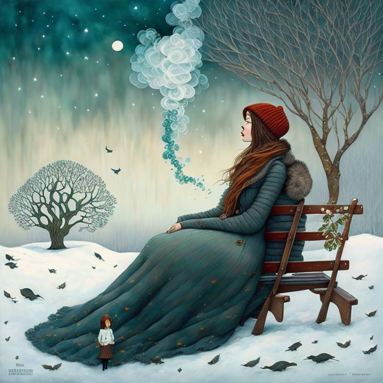 Woman in Long Dress Sitting on Park Bench in Winter Landscape