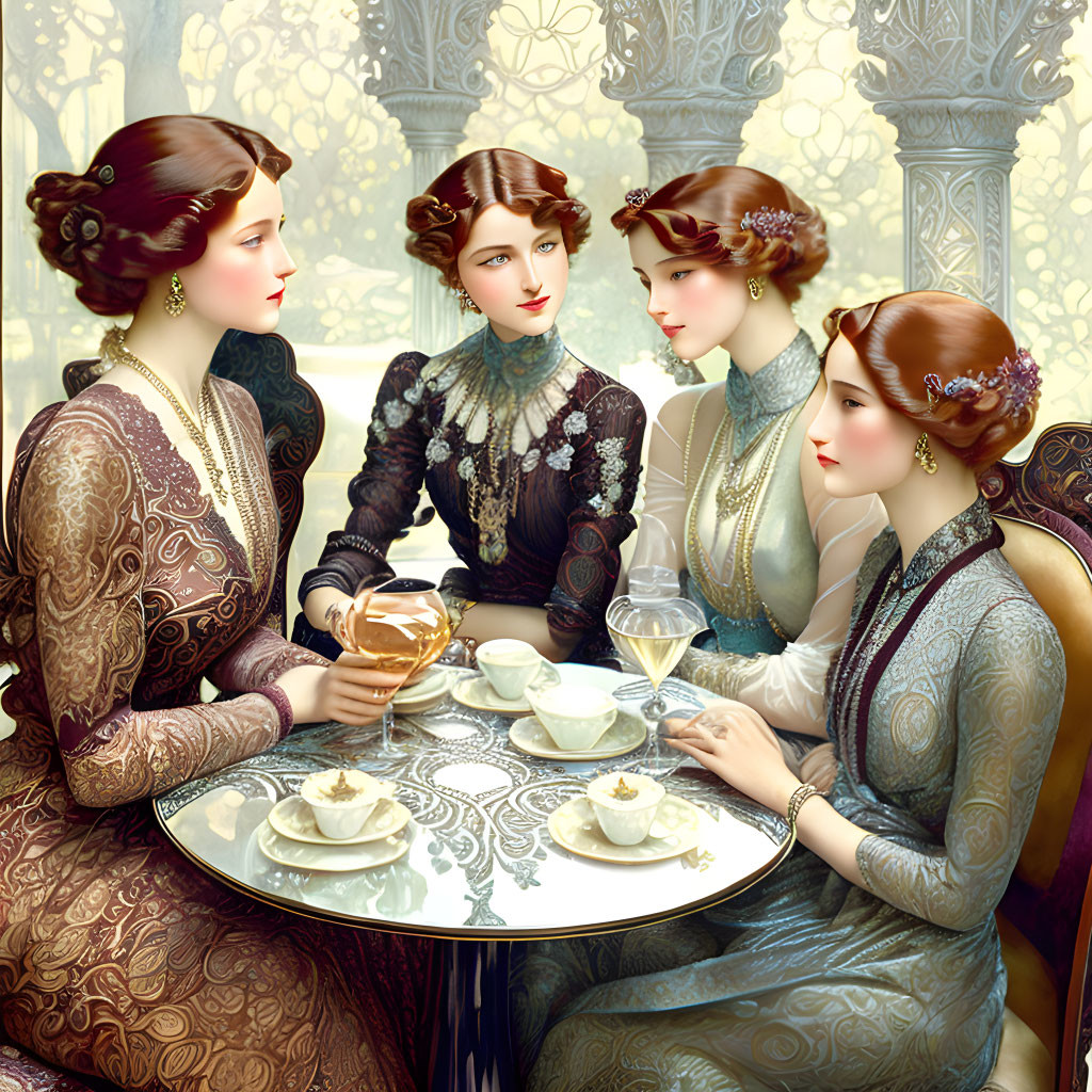 Elegantly dressed women having tea at ornate table