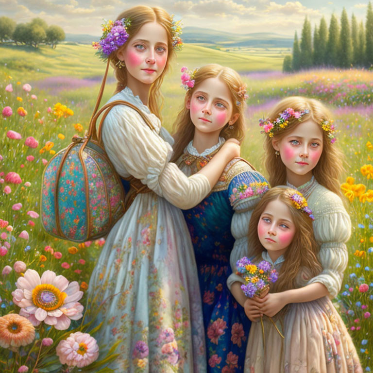 Four girls in vintage dresses with floral wreaths in a blooming field surrounded by lush greenery and