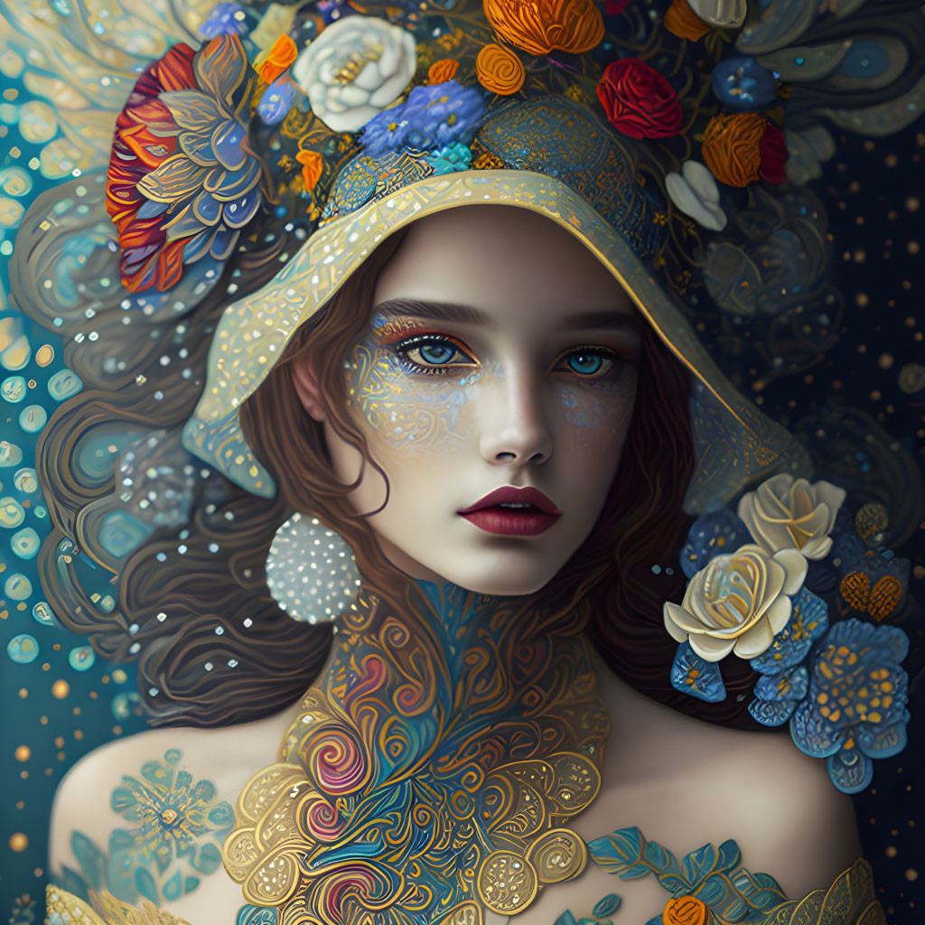 Colorful portrait with floral patterns on head and shoulders against starry backdrop