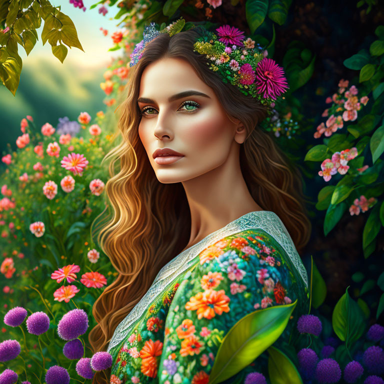 Vibrant digital artwork of woman with flower crown in lush setting