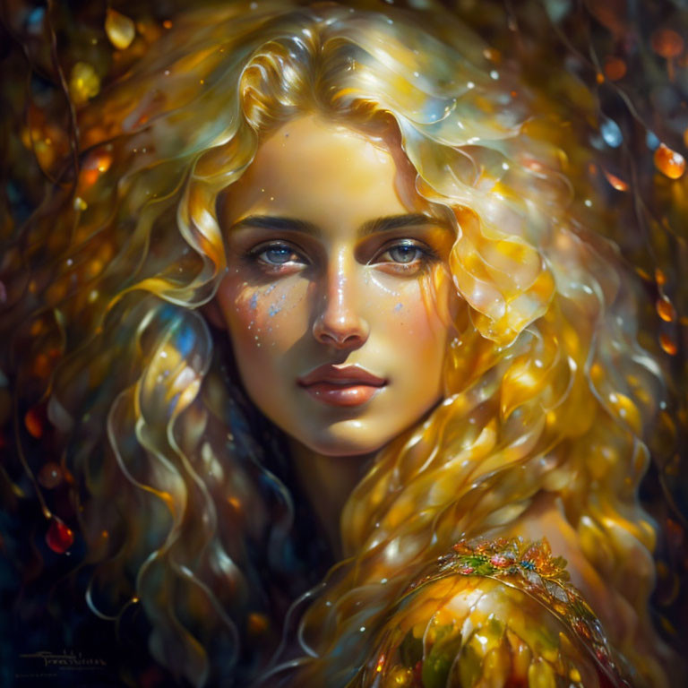 Digital painting of woman with golden curly hair and blue eyes in mystical setting