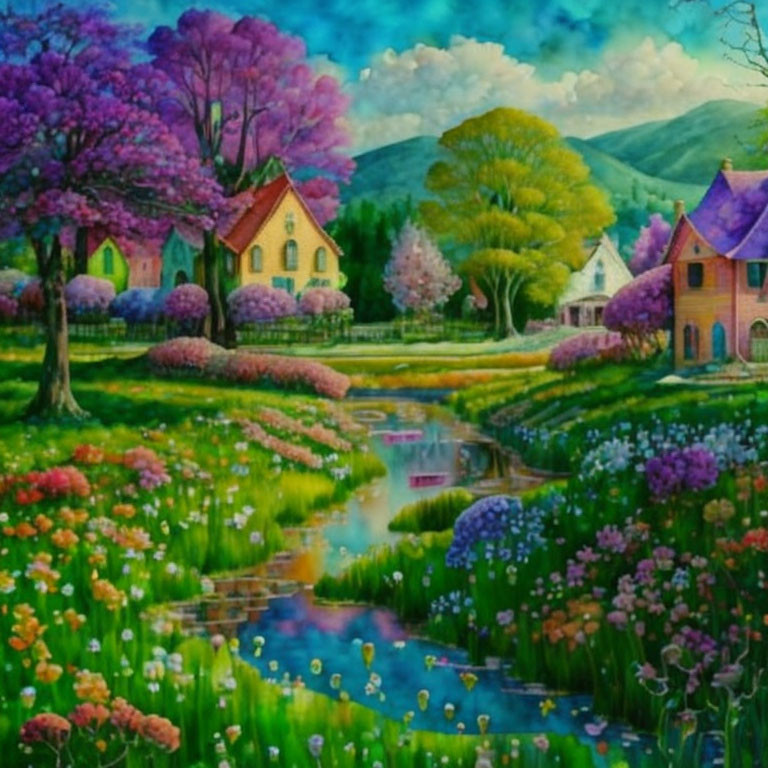 Colorful Village Painting with Flowering Trees and Stream