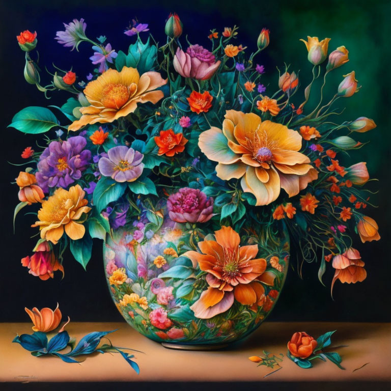 Colorful Flower Arrangement in Round Vase on Dark Background