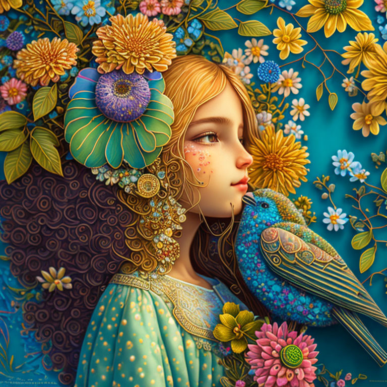 Girl with Floral Hair Decor and Bird on Shoulder in Artwork