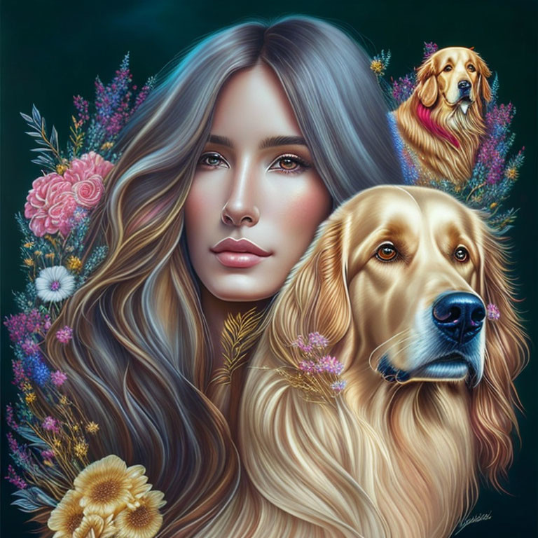 Digital artwork of woman with flowing hair and golden retriever on dark background