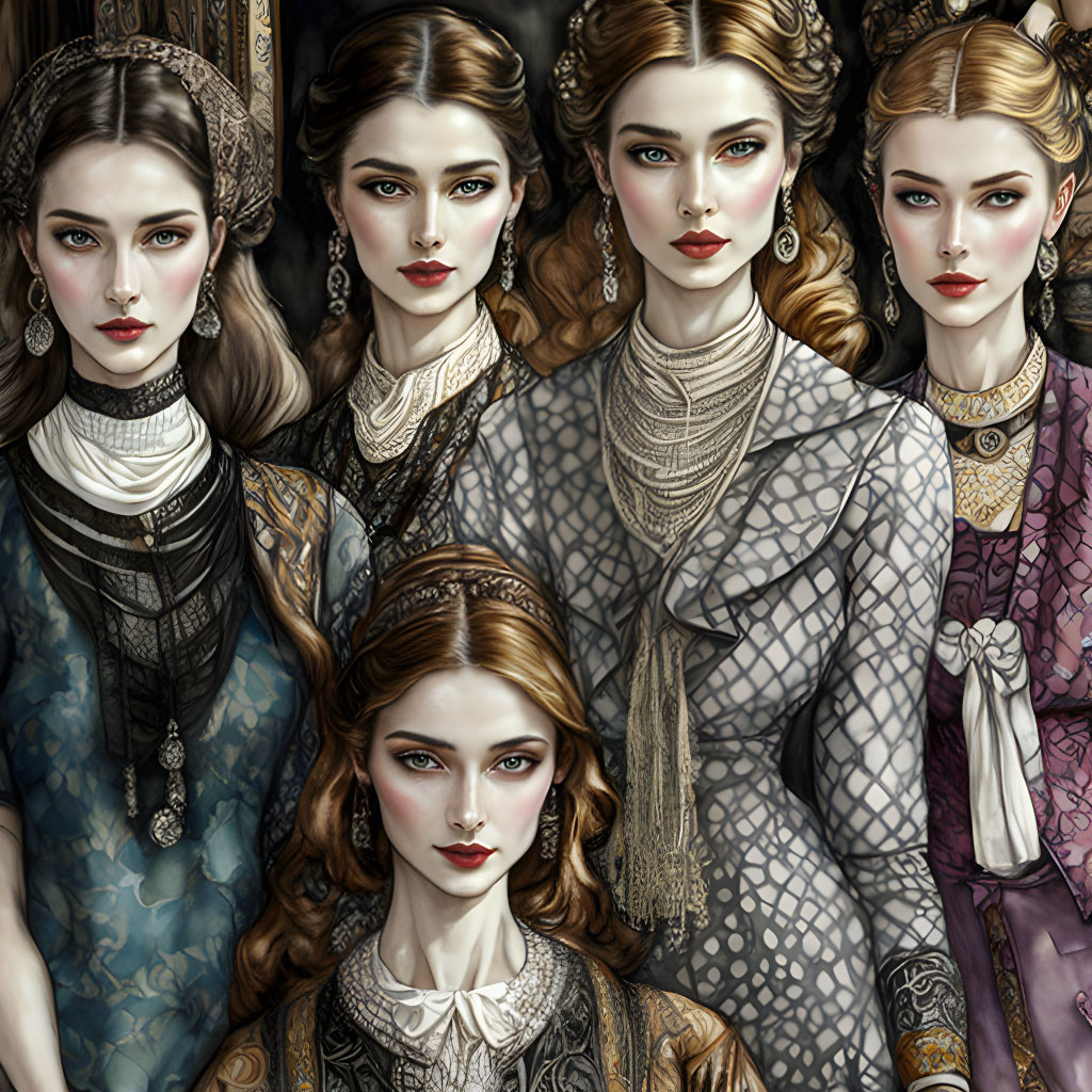 Detailed Illustration of Five Women in Vintage Attire with Intricate Hairstyles