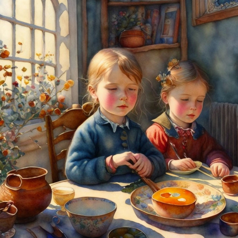 Two Young Girls Sitting in Cozy Room with Bowls and Plants