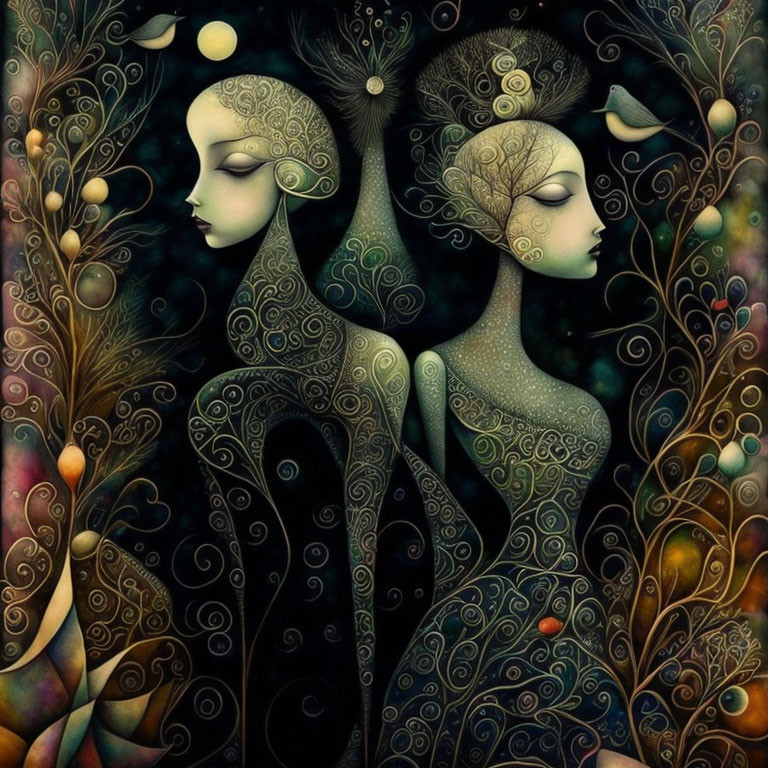 Stylized profile-facing feminine figures with intricate patterns and plant motifs on dark nature backdrop