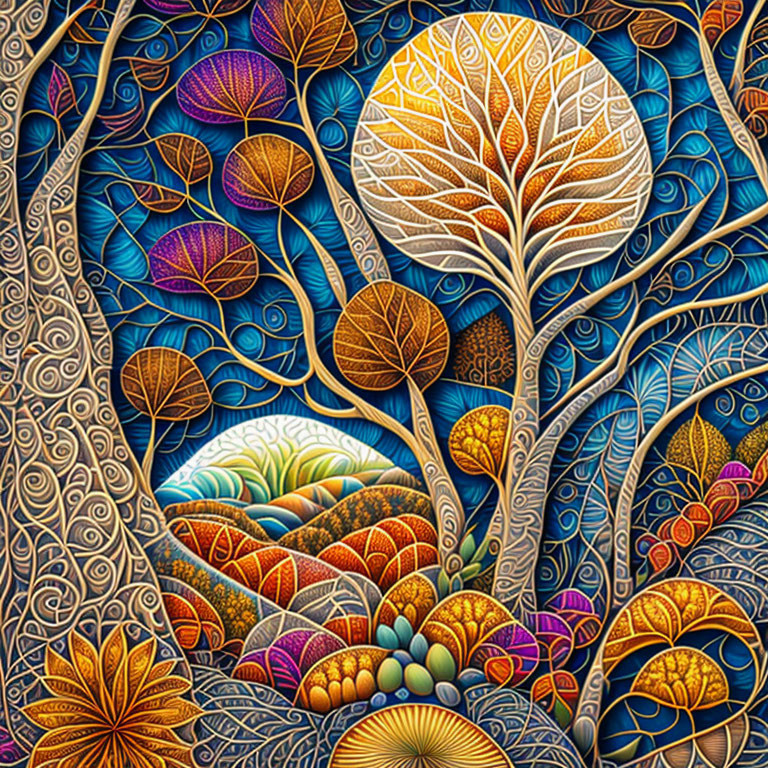 Colorful Stylized Forest Artwork with Detailed Trees and Patterns