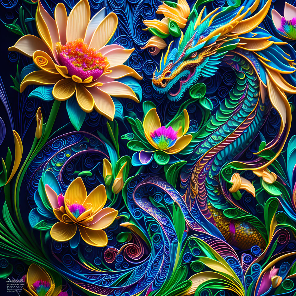 Colorful Dragon Illustration Among Blooming Flowers and Swirls