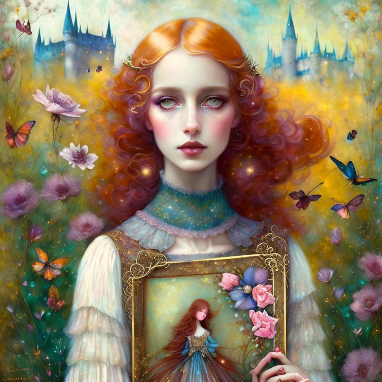 Fantasy artwork: Woman with red hair holding framed image surrounded by butterflies, flowers, and castles