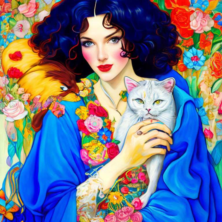 Blue-haired woman in floral dress holding white cat with colorful bird among vibrant flowers