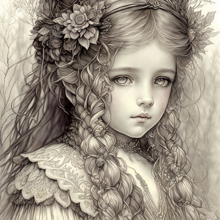 Monochromatic girl illustration with braided hair and lace collar