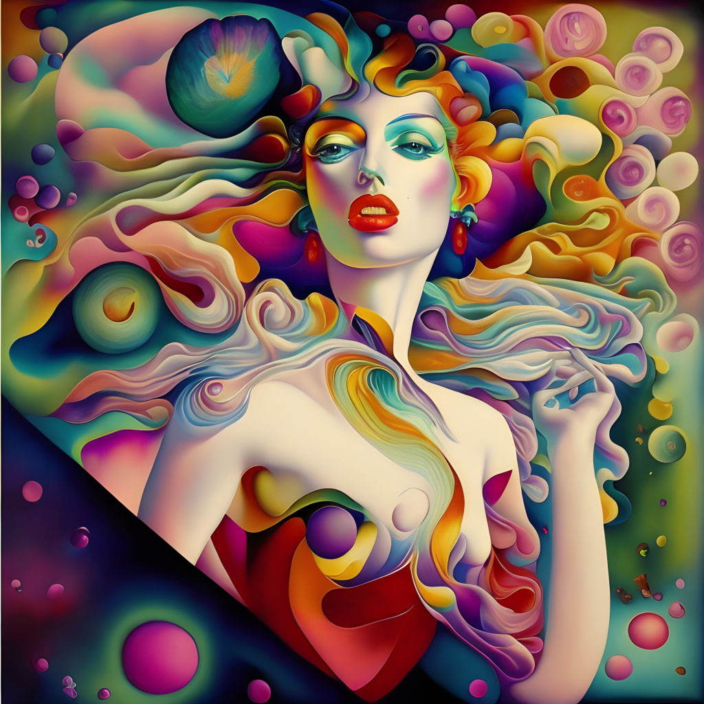 Colorful surreal portrait of a woman with flowing hair and abstract shapes