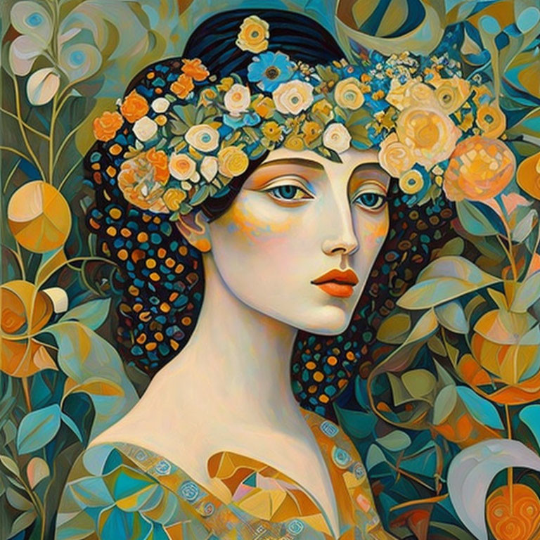 Woman with Floral Headdress in Vibrant Orange and Green Palette