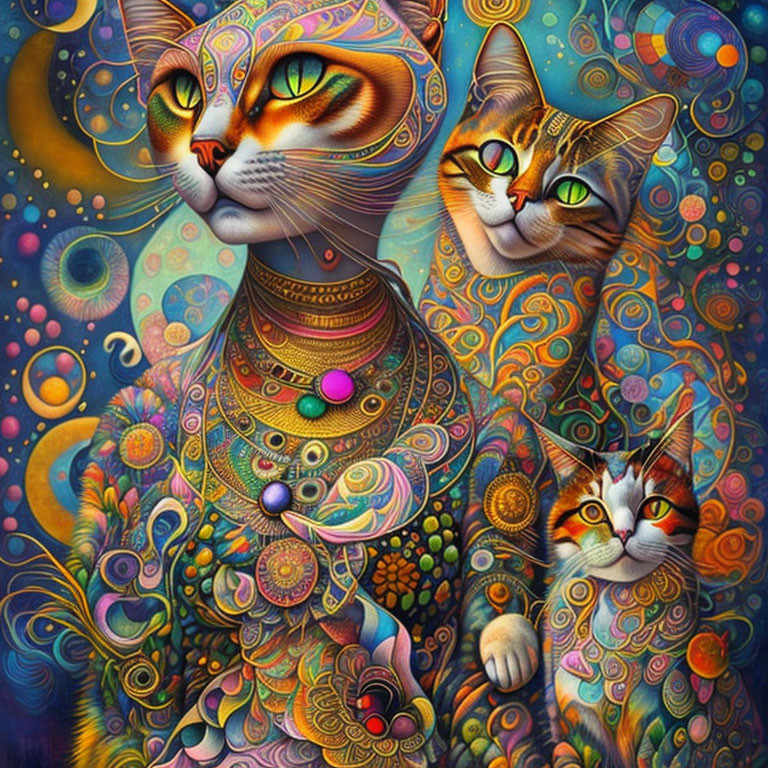 Colorful Psychedelic Cat Illustration with Cosmic Background