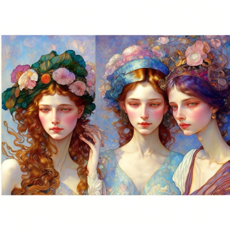 Ethereal women with floral headpieces in warm-toned painting