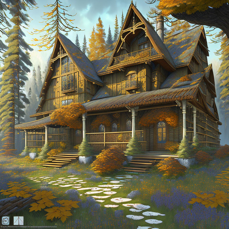 Rustic wooden cottage in autumn forest clearing