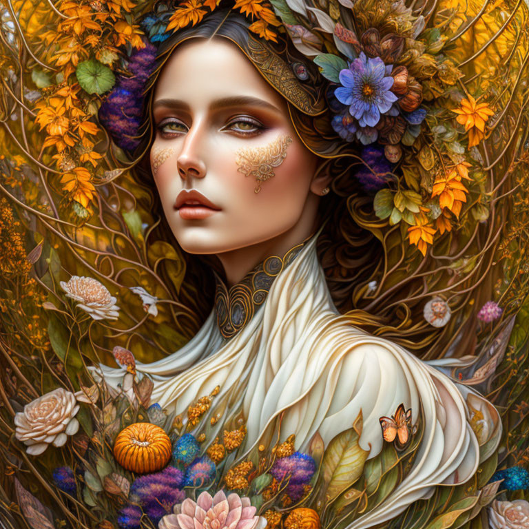 Ethereal woman with autumnal flowers and swirling patterns.