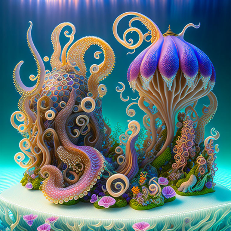 Colorful digital artwork: Fantasy octopus with coral on blue backdrop