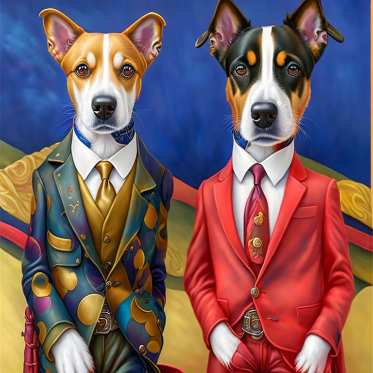 Colorful Formal Suit Dogs with Medals on Blue Background