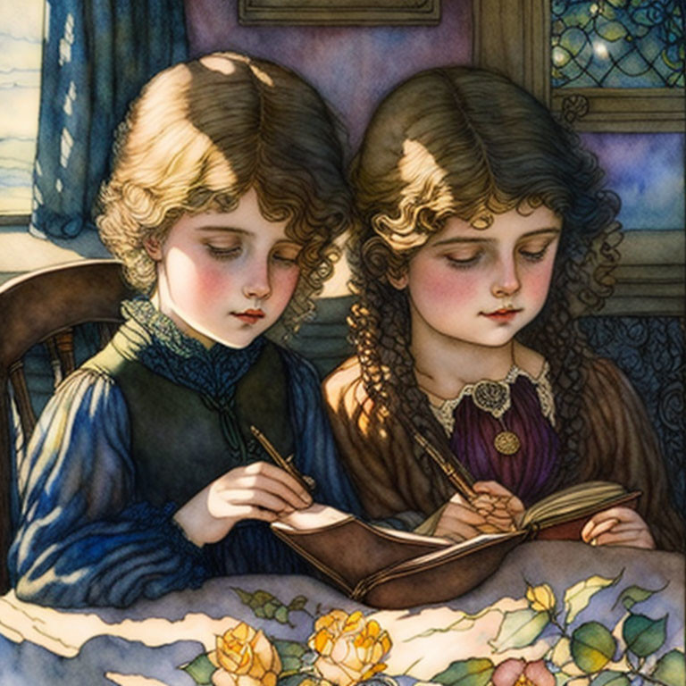 Victorian-era girls reading book with detailed hairstyles and stained-glass window