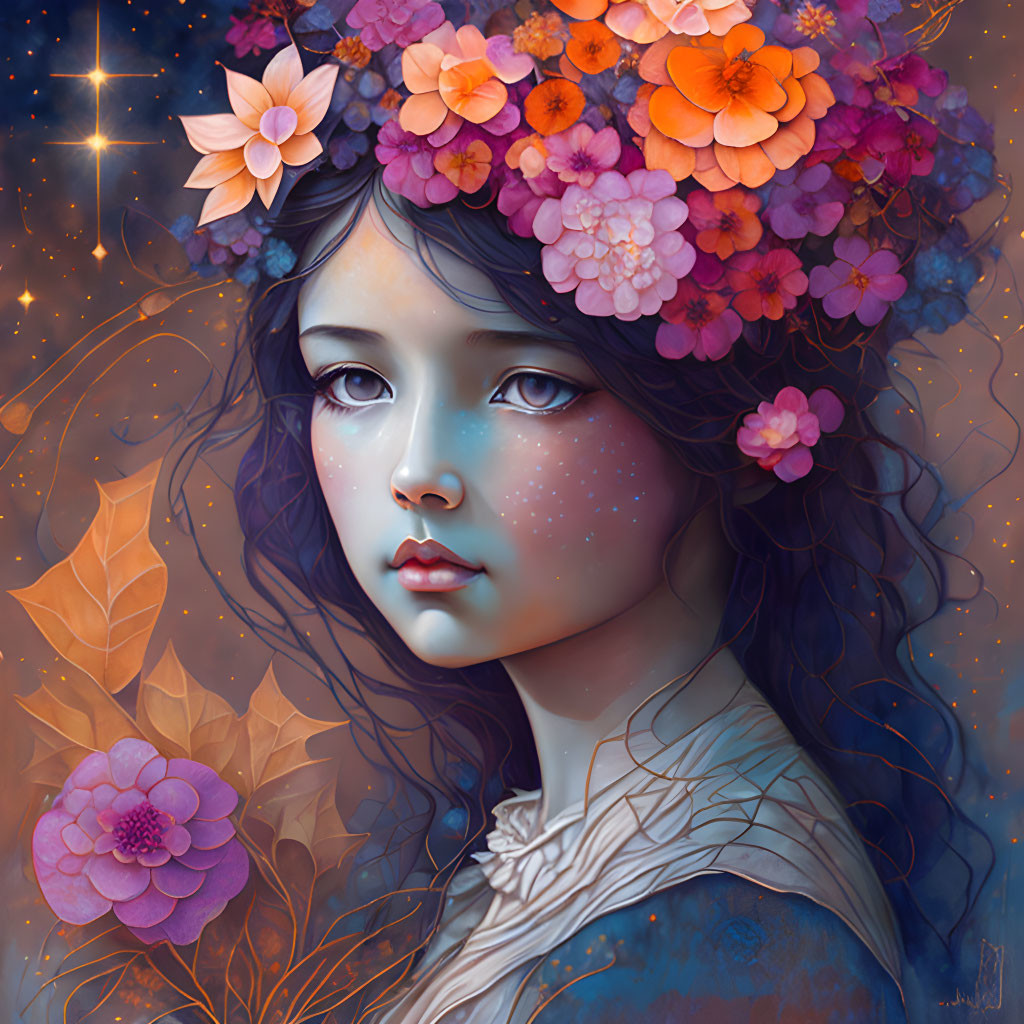 Blue-skinned girl surrounded by flowers and stars illustration.